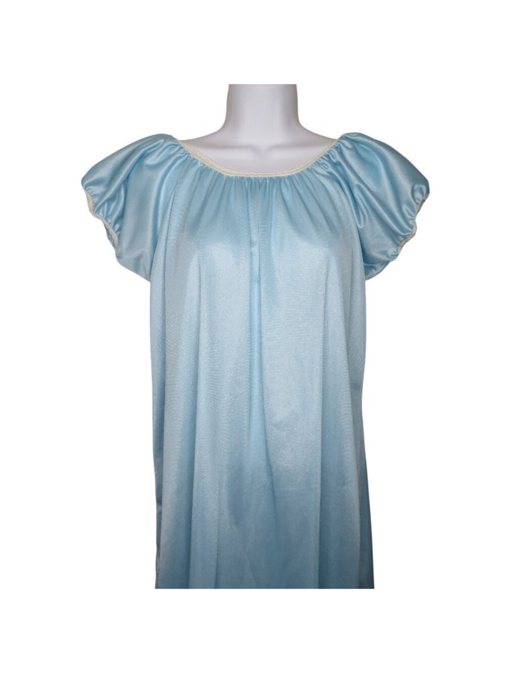 Vintage Light Blue Womens Nylon Nightgown Short Puff Sleeves Lace Trim Small